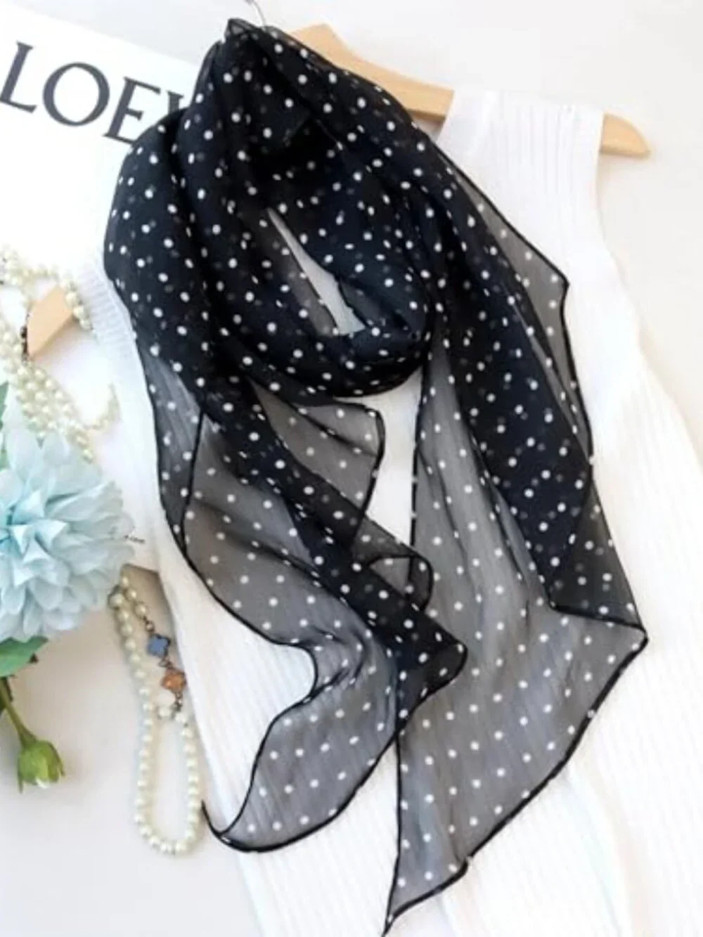 100% Mulberry Silk Fashion Scarf Long Lightweight Soft Polka Dot Print
